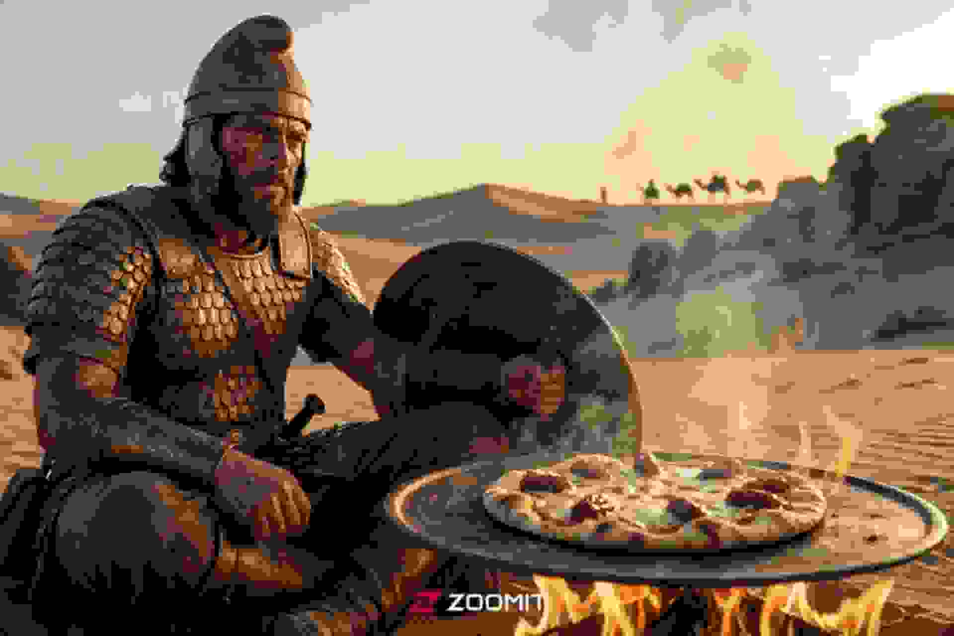 طرح هوش مصنوعی از سرباز هخامنشی درحال پخت پیتزا روی سپر