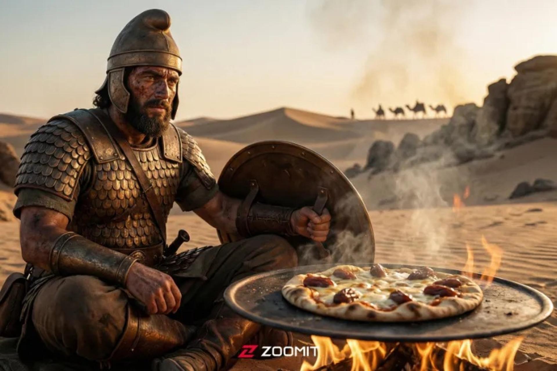 طرح هوش مصنوعی از سرباز هخامنشی درحال پخت پیتزا روی سپر