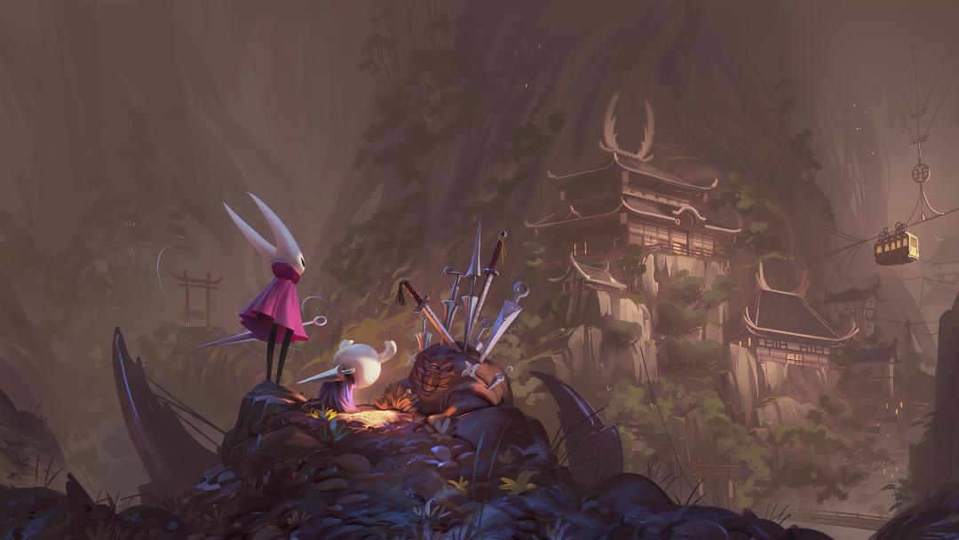 هورنت (Hornet) و شوالیه (Knight) مشغول تماشای یک عمارت ژاپنی در بازی Hollow Knight
