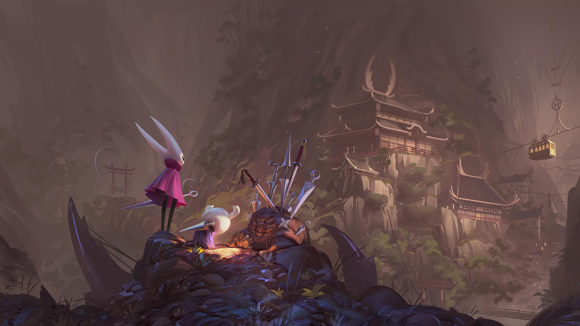 هورنت (Hornet) و شوالیه (Knight) مشغول تماشای یک عمارت ژاپنی در بازی Hollow Knight