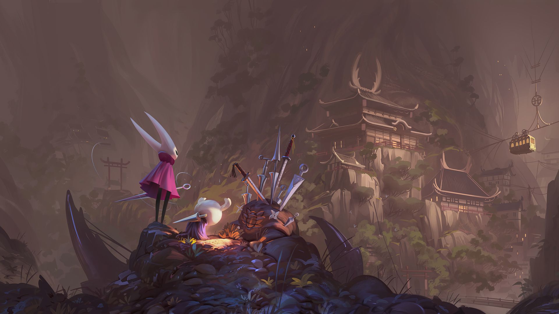 هورنت (Hornet) و شوالیه (Knight) مشغول تماشای یک عمارت ژاپنی در بازی Hollow Knight