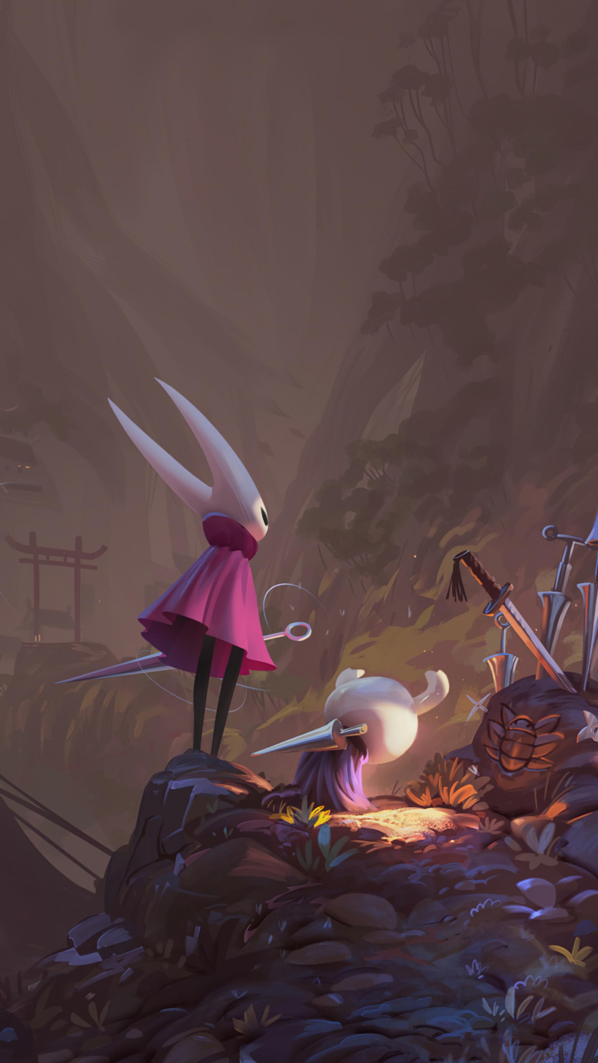 هورنت (Hornet) و شوالیه (Knight) مشغول تماشای یک عمارت ژاپنی در بازی Hollow Knight