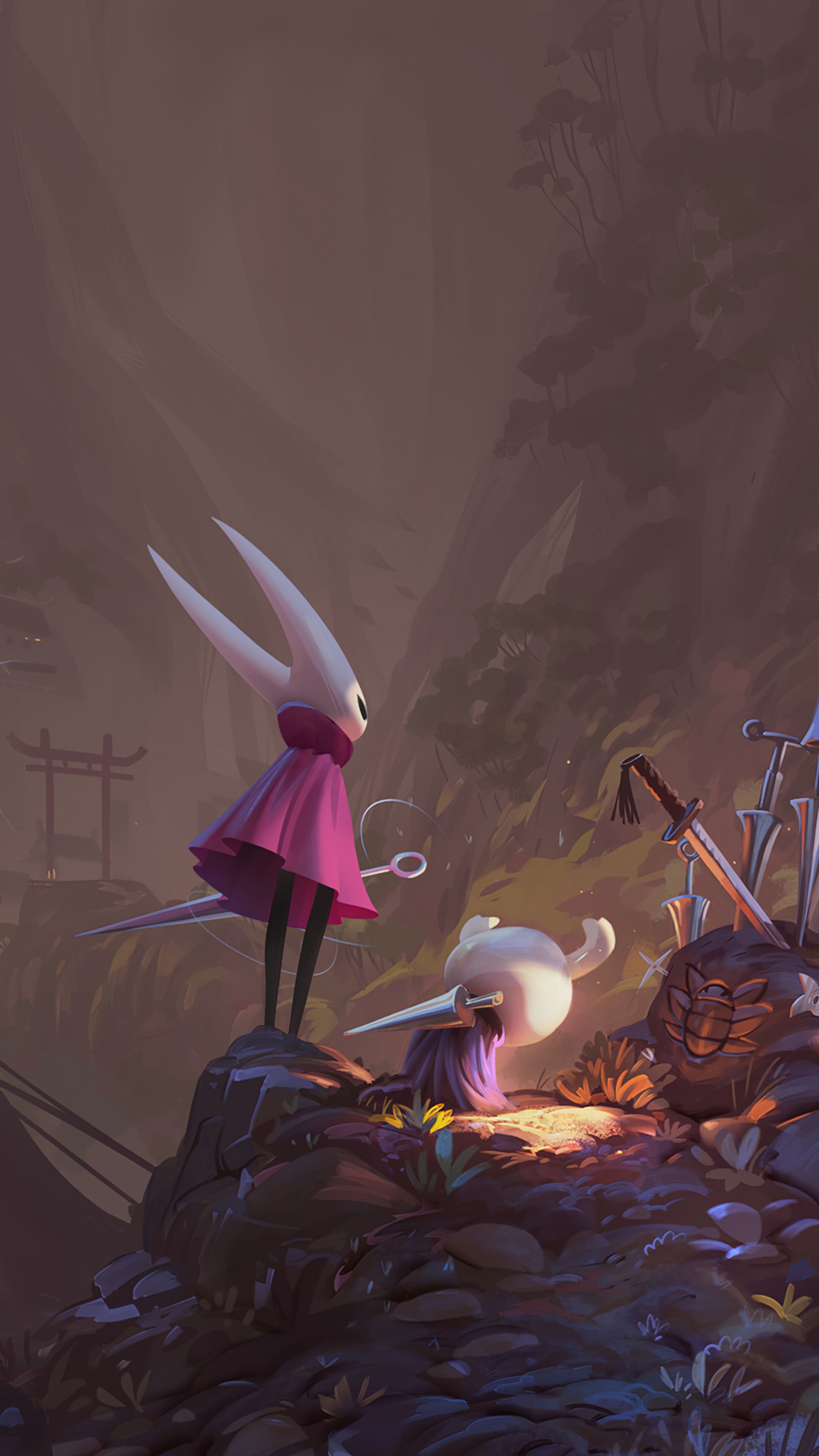 هورنت (Hornet) و شوالیه (Knight) مشغول تماشای یک عمارت ژاپنی در بازی Hollow Knight