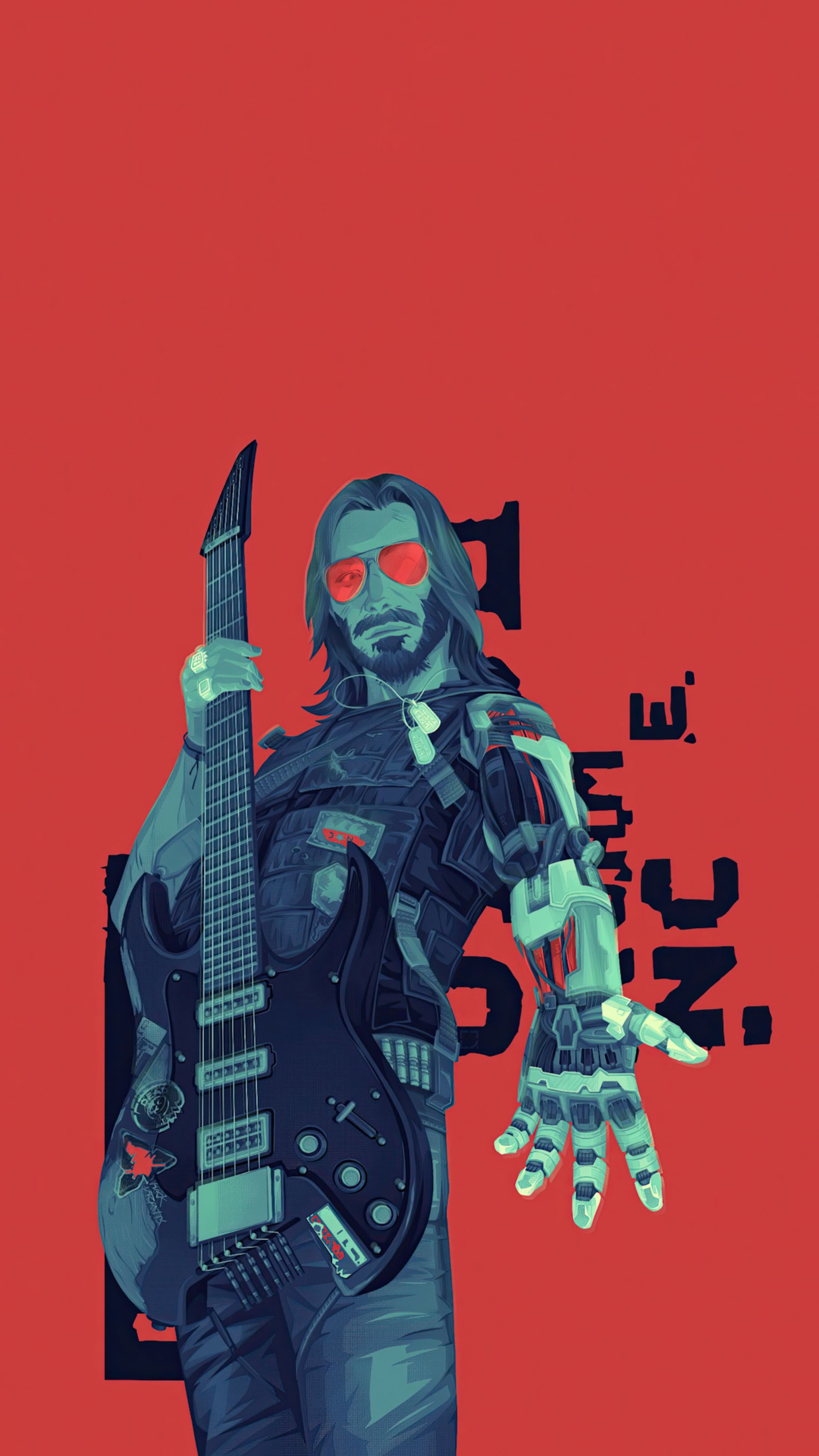 یک فن‌آرت زیبا و جذاب از شخصیت جانی سیلورهند (Johnny Silverhand) در بازی Cyberpunk 2077 با زمینه قرمز