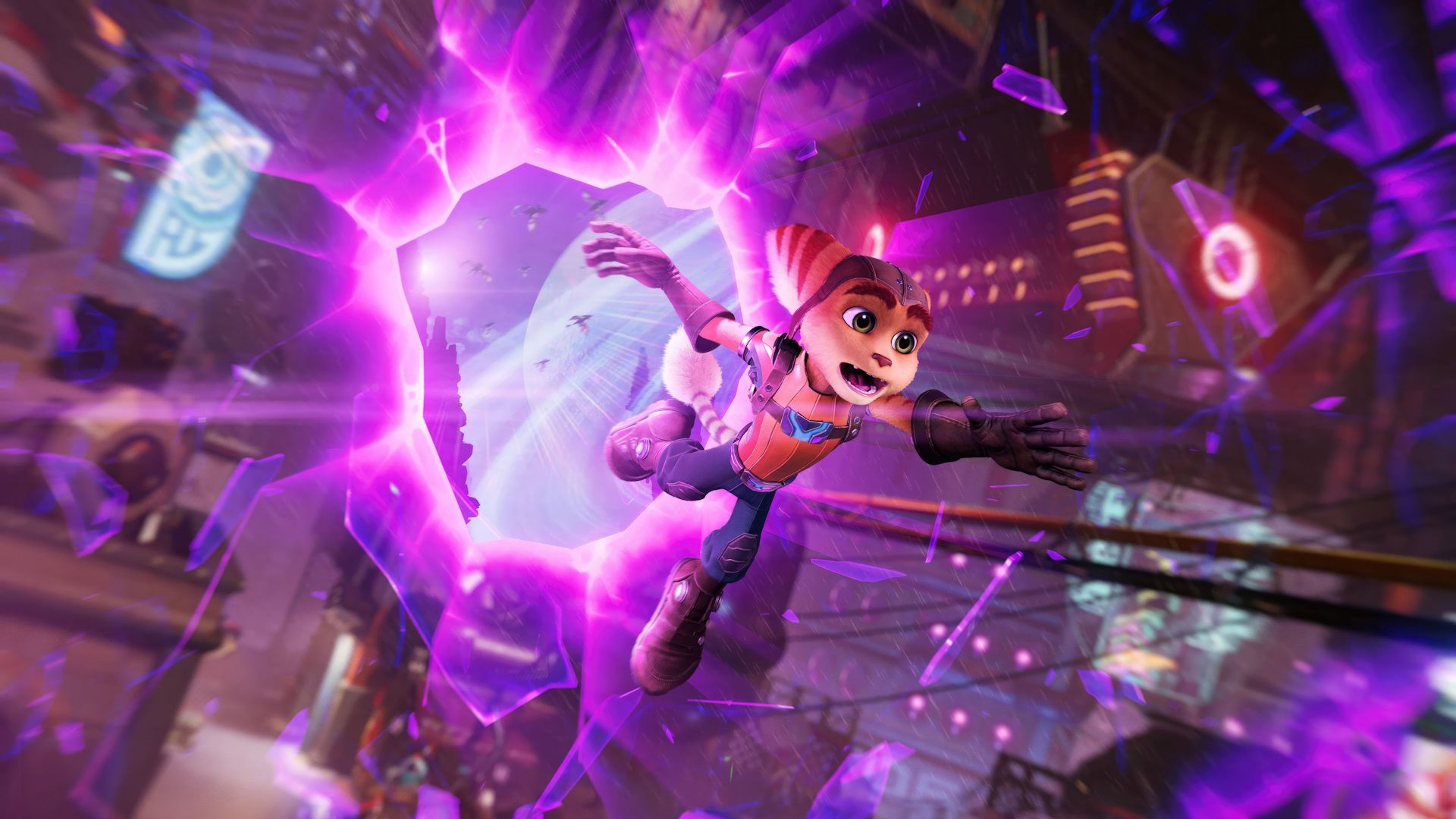 بیرون پریدن رچت از ریفت در بازی Ratchet & Clank: Rift Apart