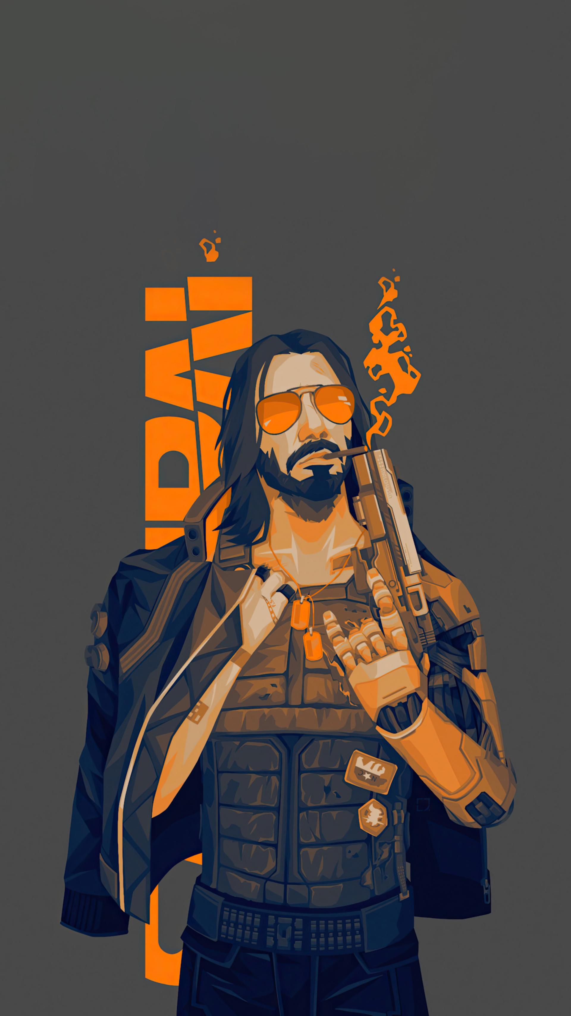 یک فن‌آرت زیبا و جذاب از شخصیت جانی سیلورهند (Johnny Silverhand) در بازی Cyberpunk 2077 با زمینه خاکستری