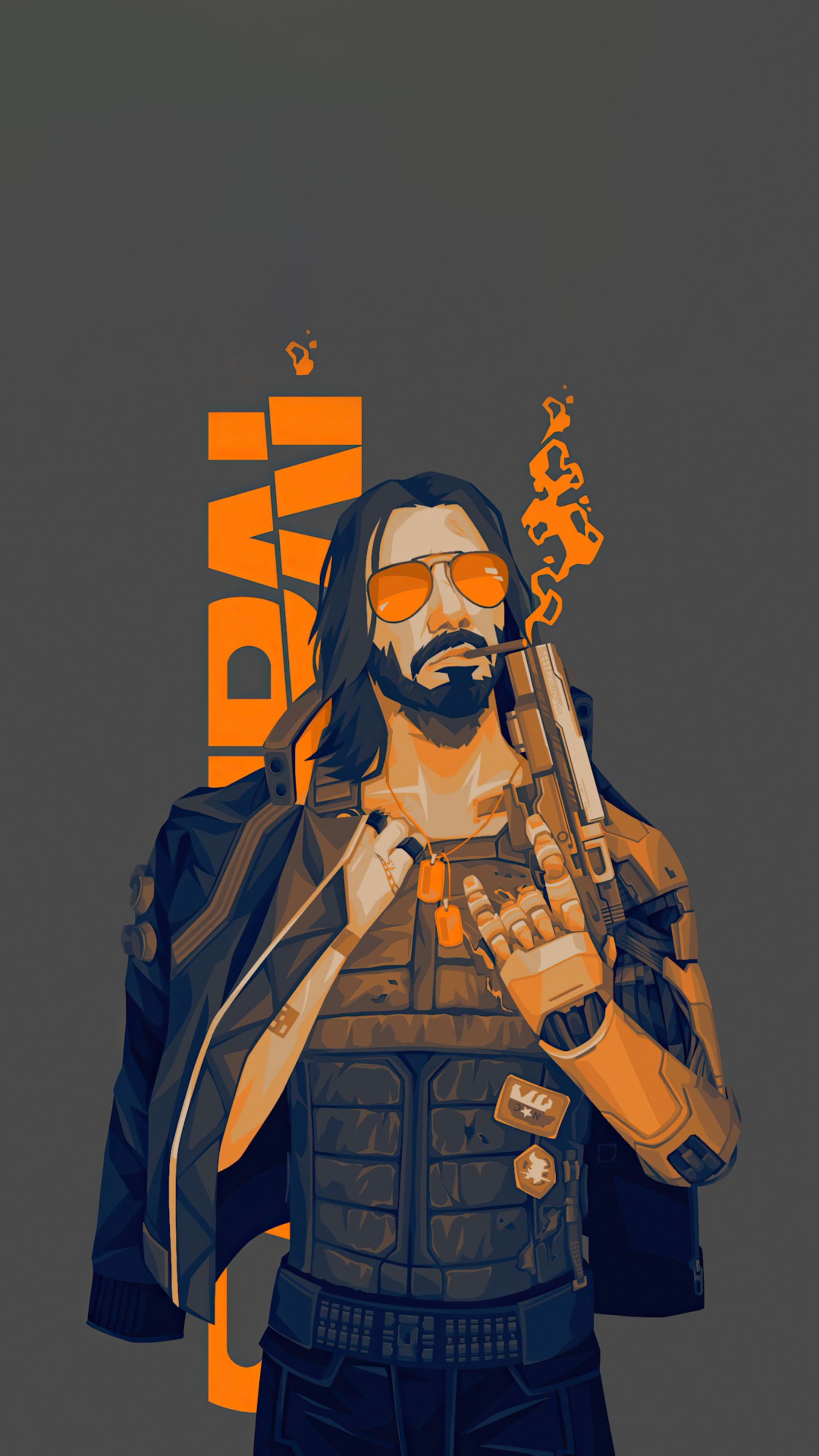 یک فن‌آرت زیبا و جذاب از شخصیت جانی سیلورهند (Johnny Silverhand) در بازی Cyberpunk 2077 با زمینه خاکستری