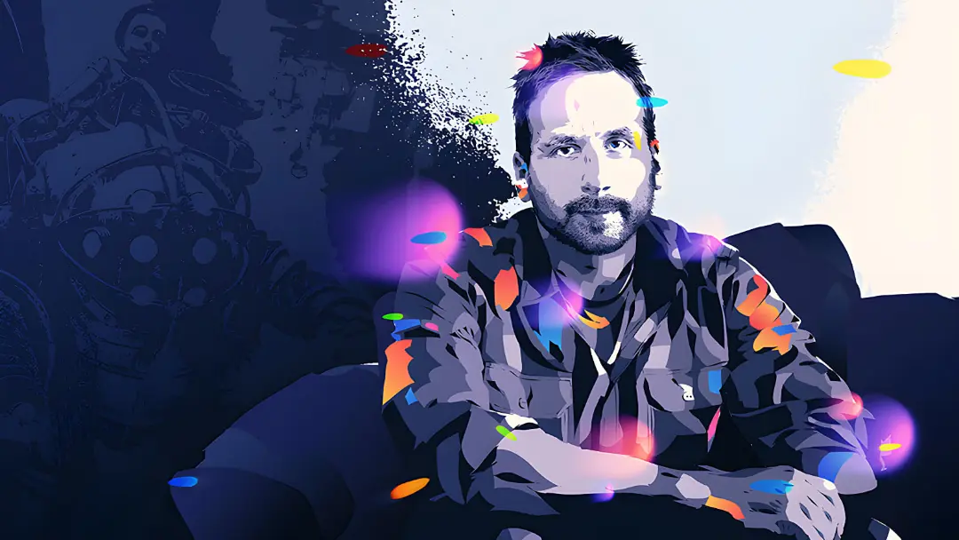 پرتره هنری و گرافیکی از کن لوین (Ken Levine) با پس‌زمینه بازی‌های ویدئویی