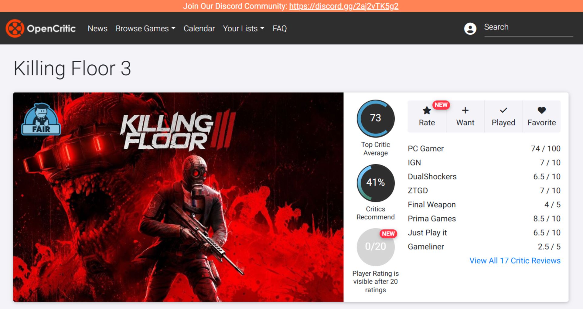 میانگین نقدها و نمرات بازی Killing Floor 3 در وب‌سایت اوپن‌کریتیک (OpenCritic)