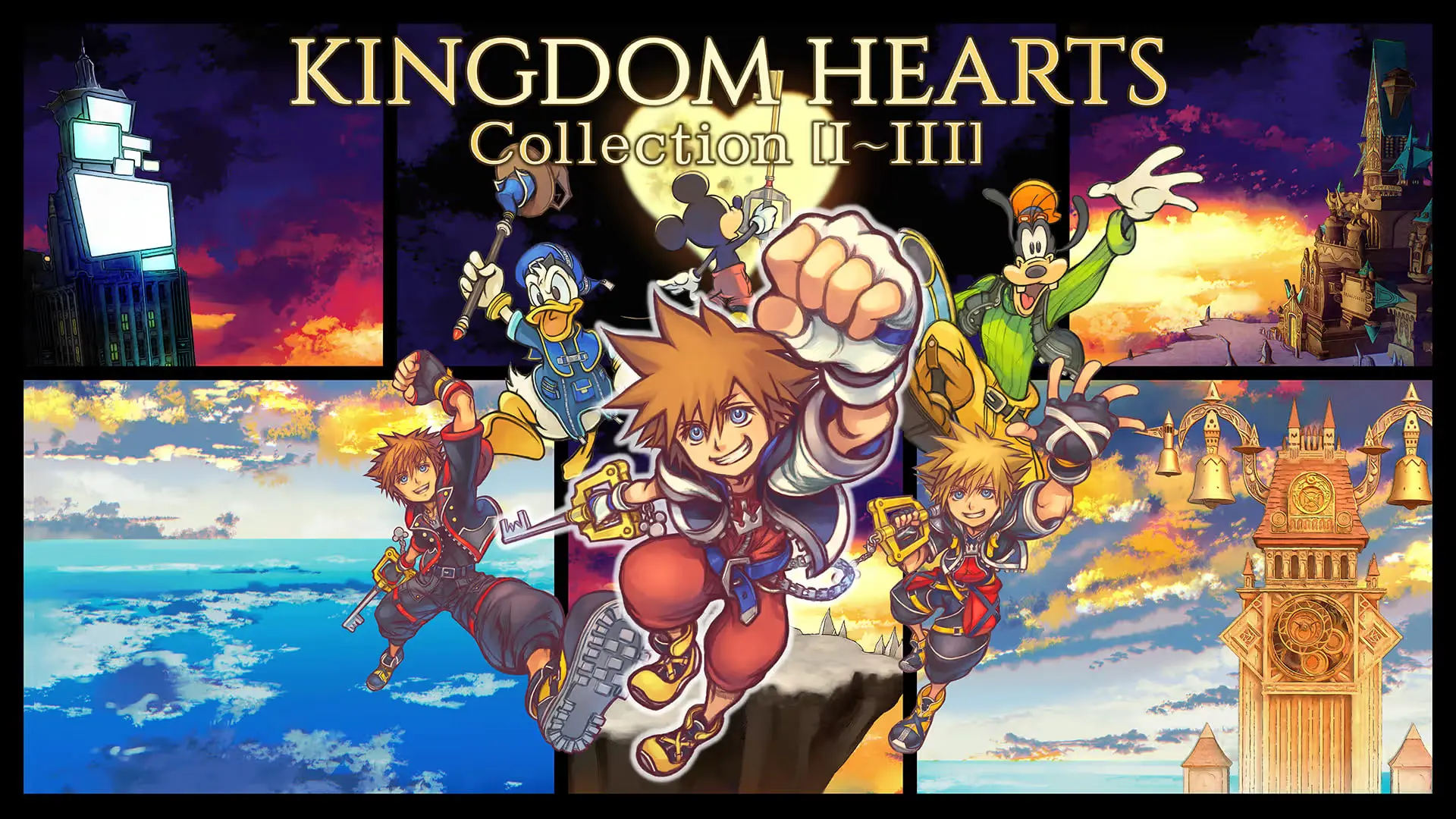 شخصیت‌های اصلی بازی Kingdom Hearts (سورا، دونالد، گرافی و گوفی) در پس‌زمینه‌های مختلف