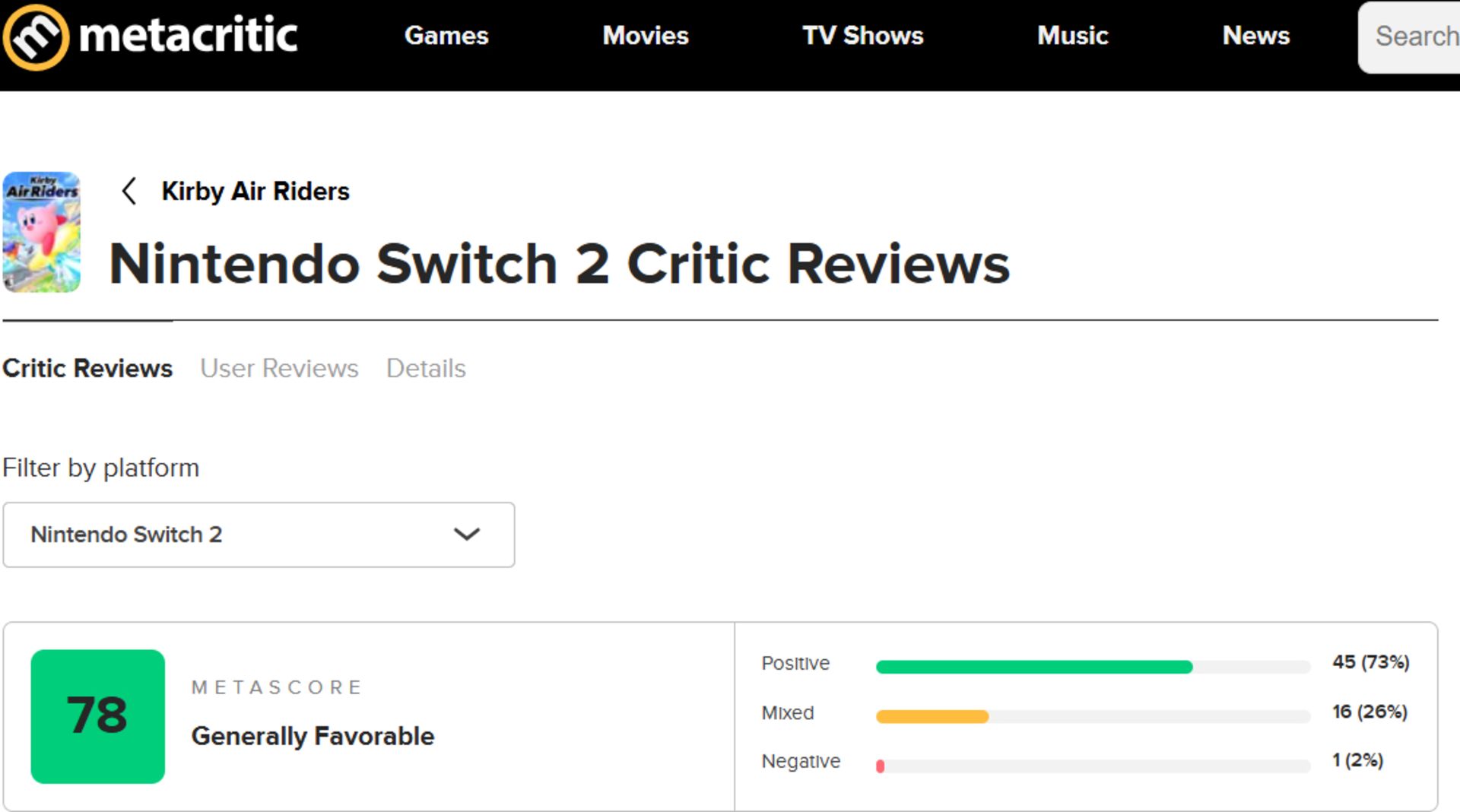 میانگین نقدها و نمرات بازی Kirby Air Riders در وب‌سایت متاکریتیک (Metacritic)
