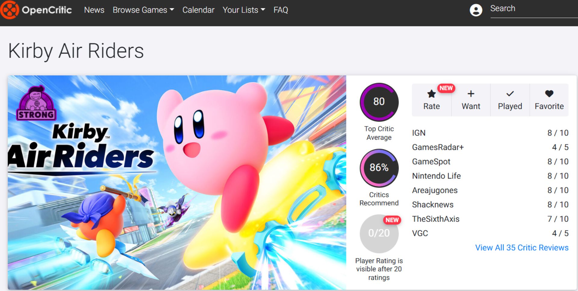 میانگین نقدها و نمرات بازی Kirby Air Riders در وب‌سایت اوپن‌کریتیک (OpenCritic)