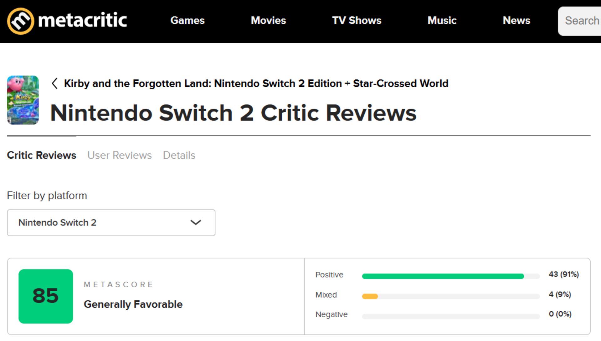 میانگین نقدها و نمرات بازی Kirby and the Forgotten Land در وب‌سایت متاکریتیک (Metacritic)