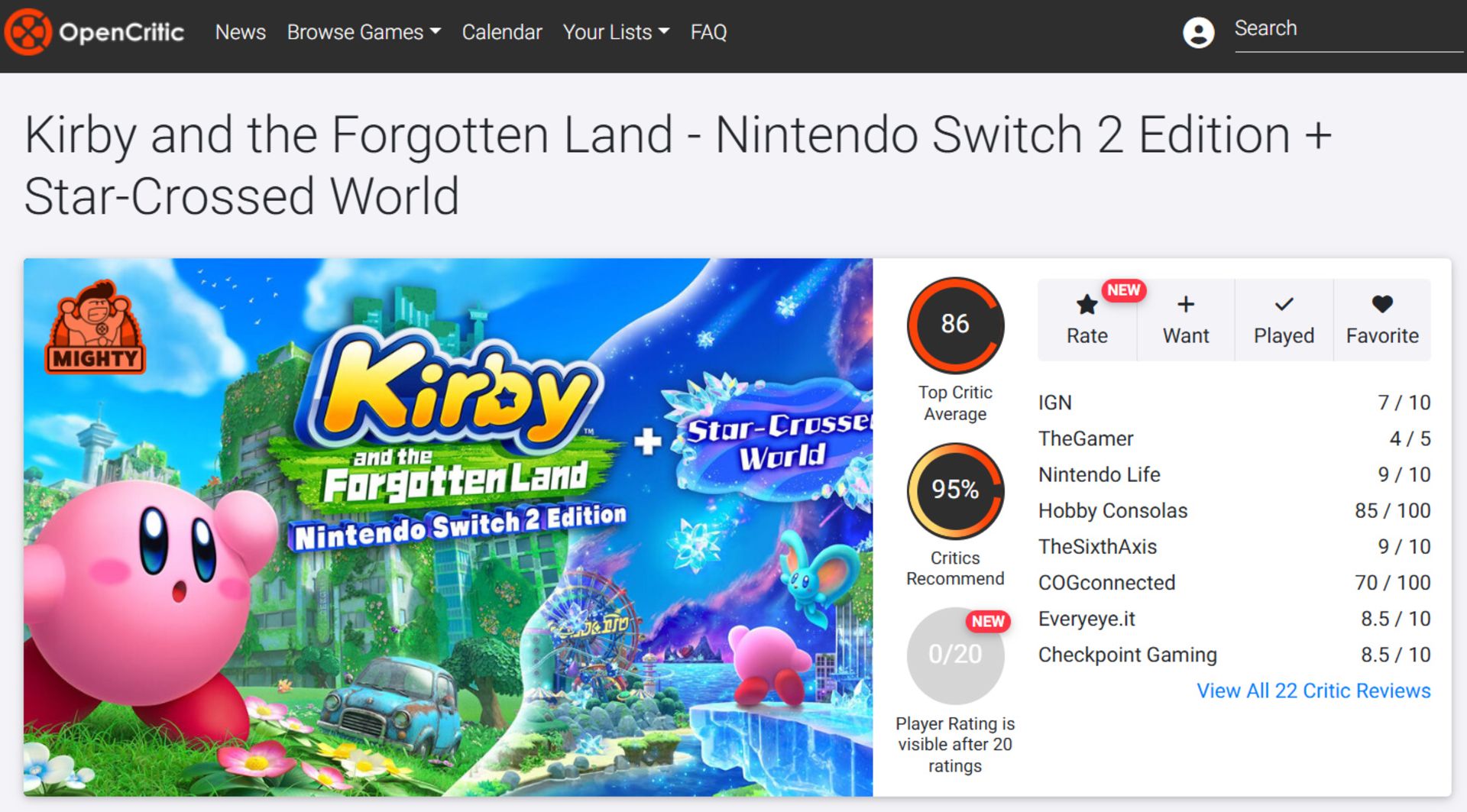 میانگین نقدها و نمرات بازی Kirby and the Forgotten Land در وب‌سایت اوپن‌کریتیک (Opencritic)