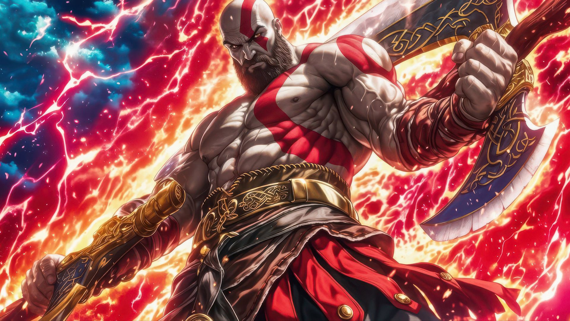 ایستادن کریتوس (شخصیت اصلی بازی God of War) در میان رعدوبرق