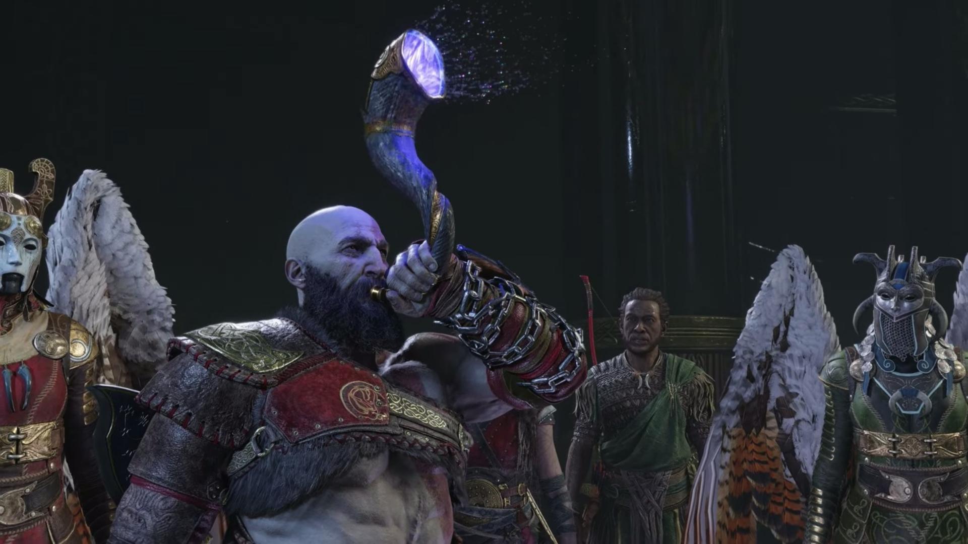 کریتوس در حال دمیدن در شیپور در بازی god of war ragnarok