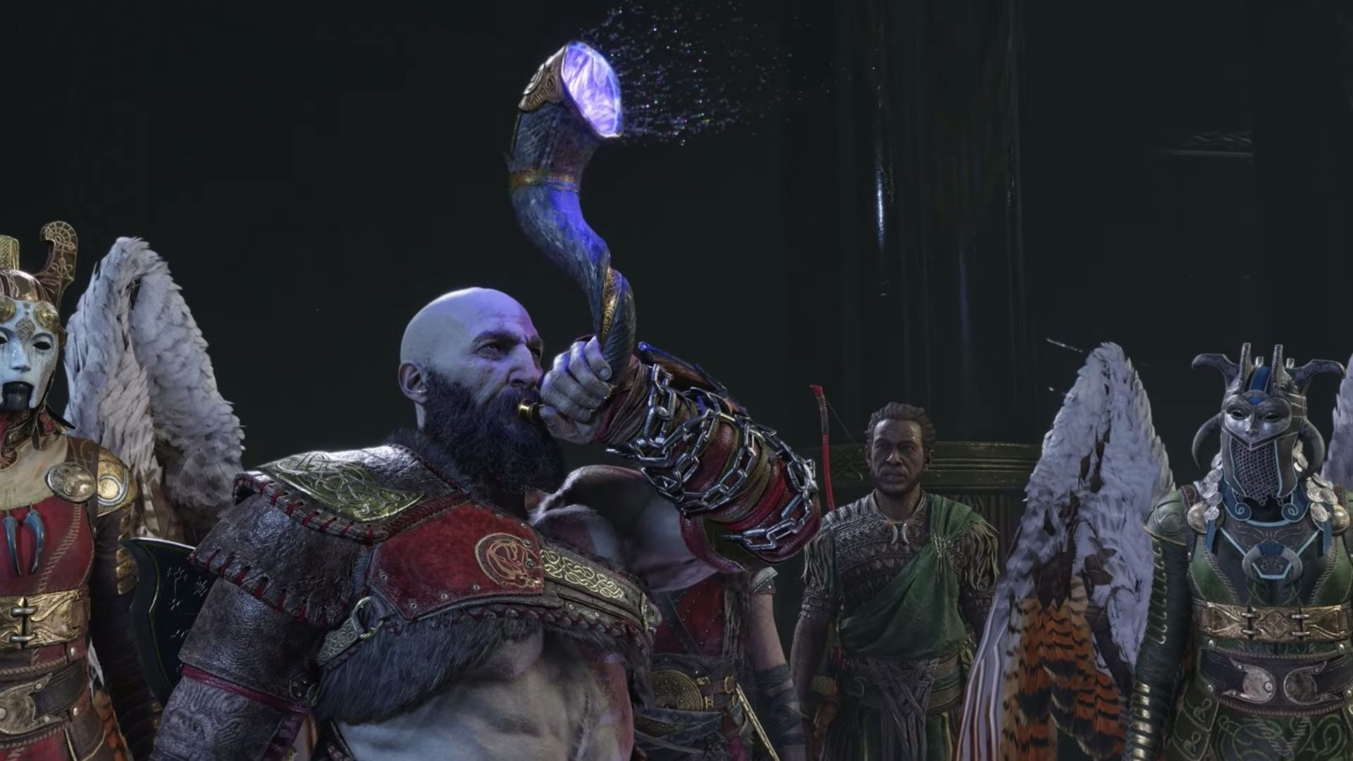 کریتوس در حال دمیدن در شیپور در بازی god of war ragnarok