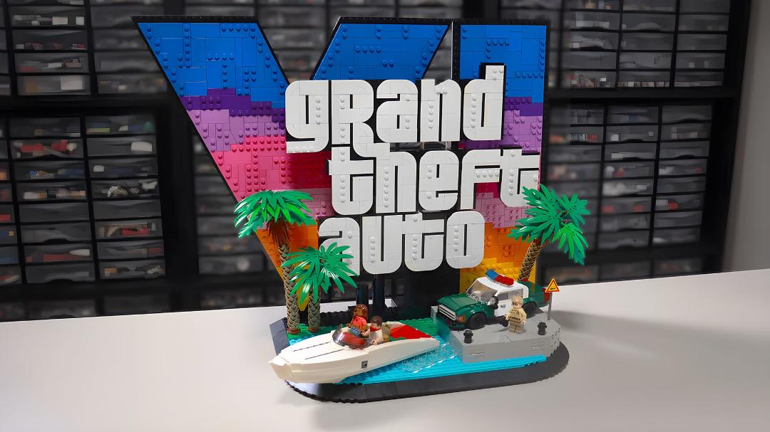 ماکت لگویی بازی GTA 6 با لوگوی بزرگ و صحنه ساحلی
