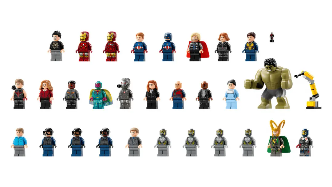 مجموعه فیگورهای لگو (LEGO) از شخصیت‌های ابرقهرمان مارول (Marvel) روی پس‌زمینه سفید