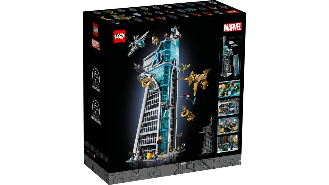 برج انتقام‌جویان (Avengers Tower) ساخته شده با قطعات لگو (LEGO) همراه با فیگورهای شخصیت‌های مارول