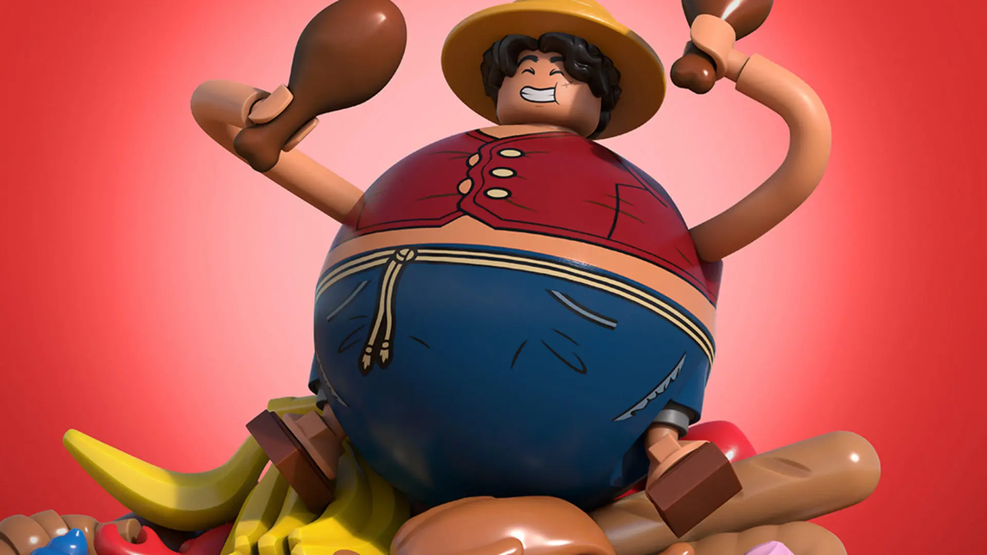 شخصیت لفی (Luffy) در قالب لگو با شکم بزرگ و غذاهای مختلف