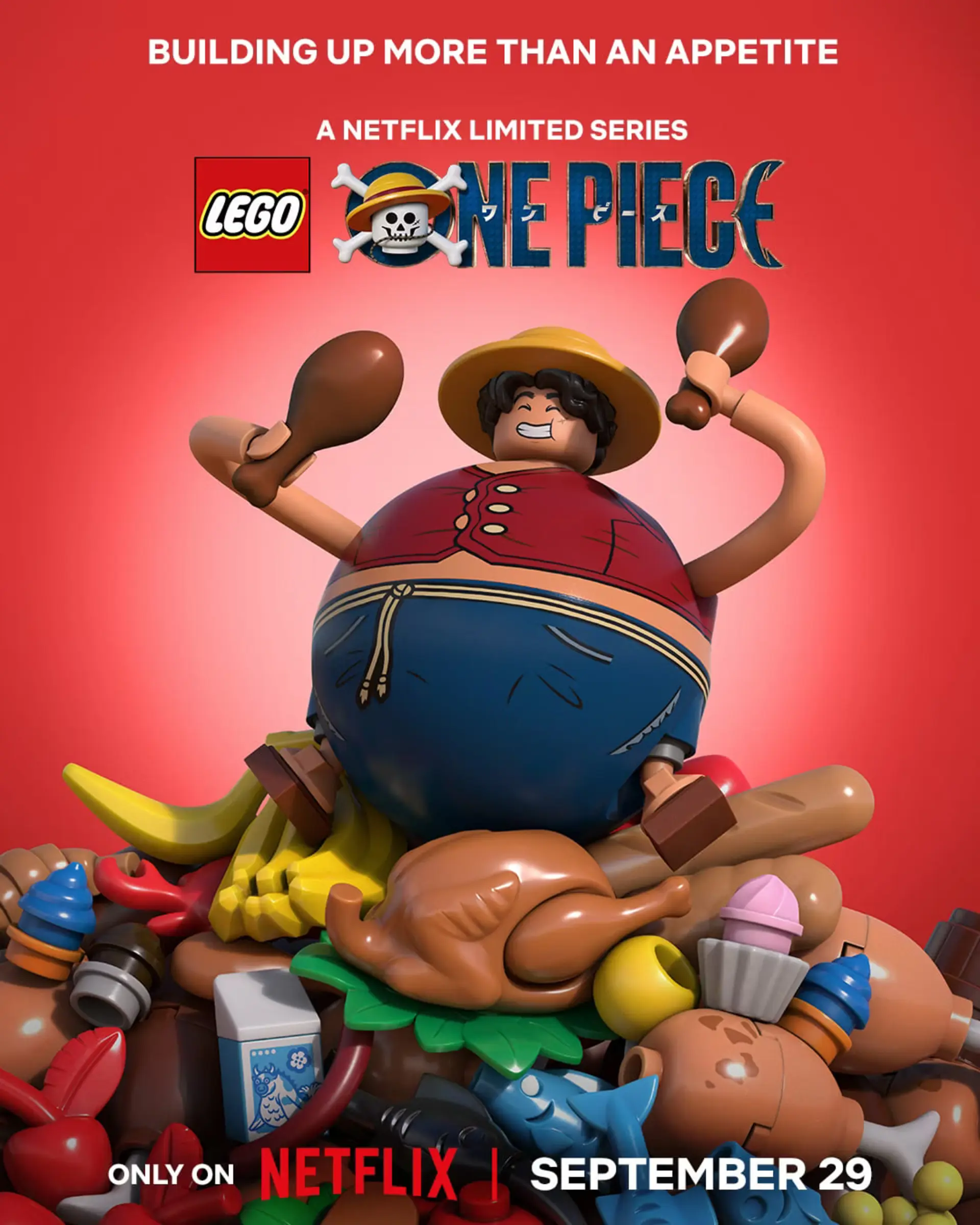 شخصیت لوفی (Luffy) در انیمیشن لگو وان پیس (LEGO One Piece) روی توده‌ای از غذا