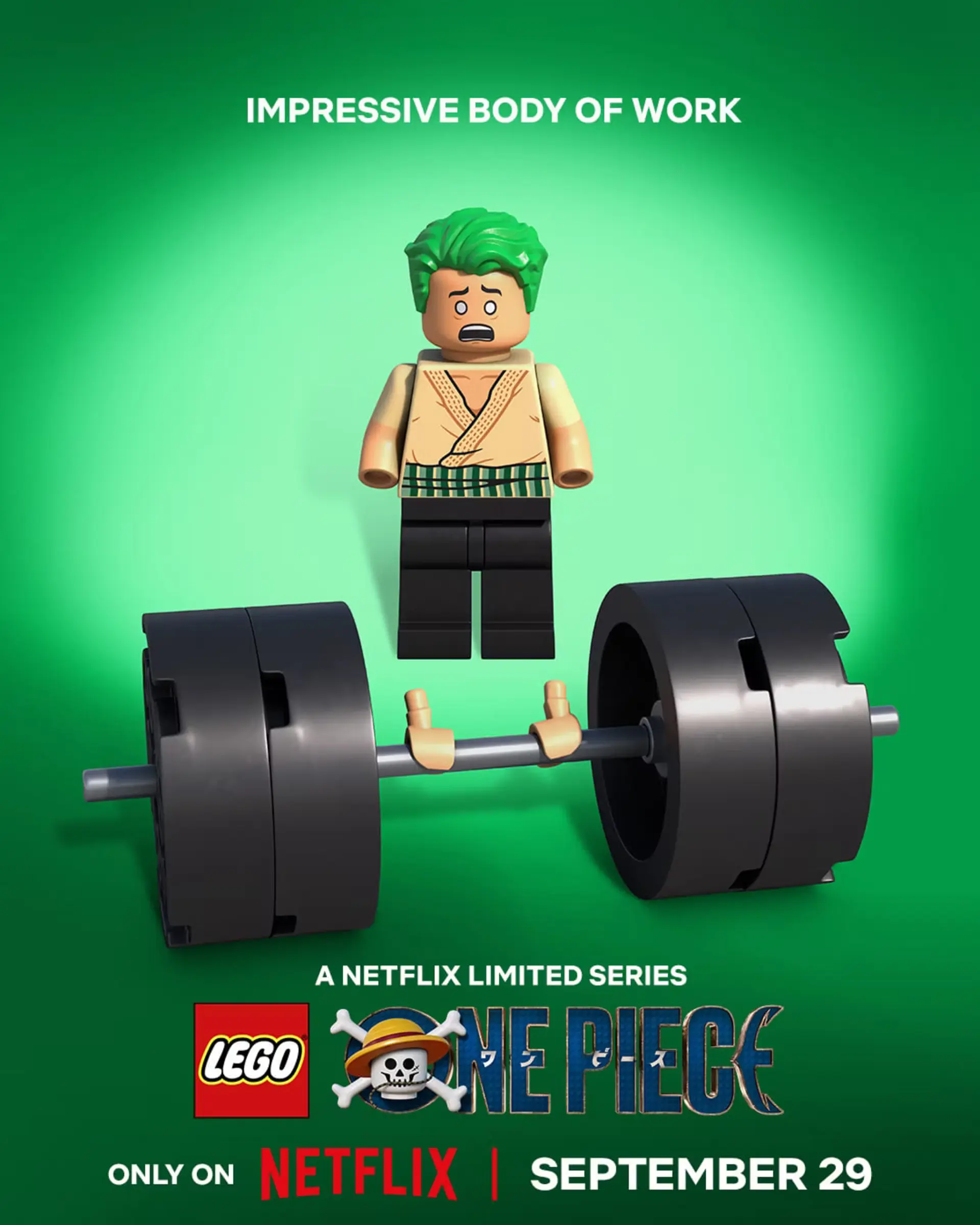 فیگور لگو (LEGO) از شخصیت انیمیشن وان پیس (One Piece) در کنار دمبل