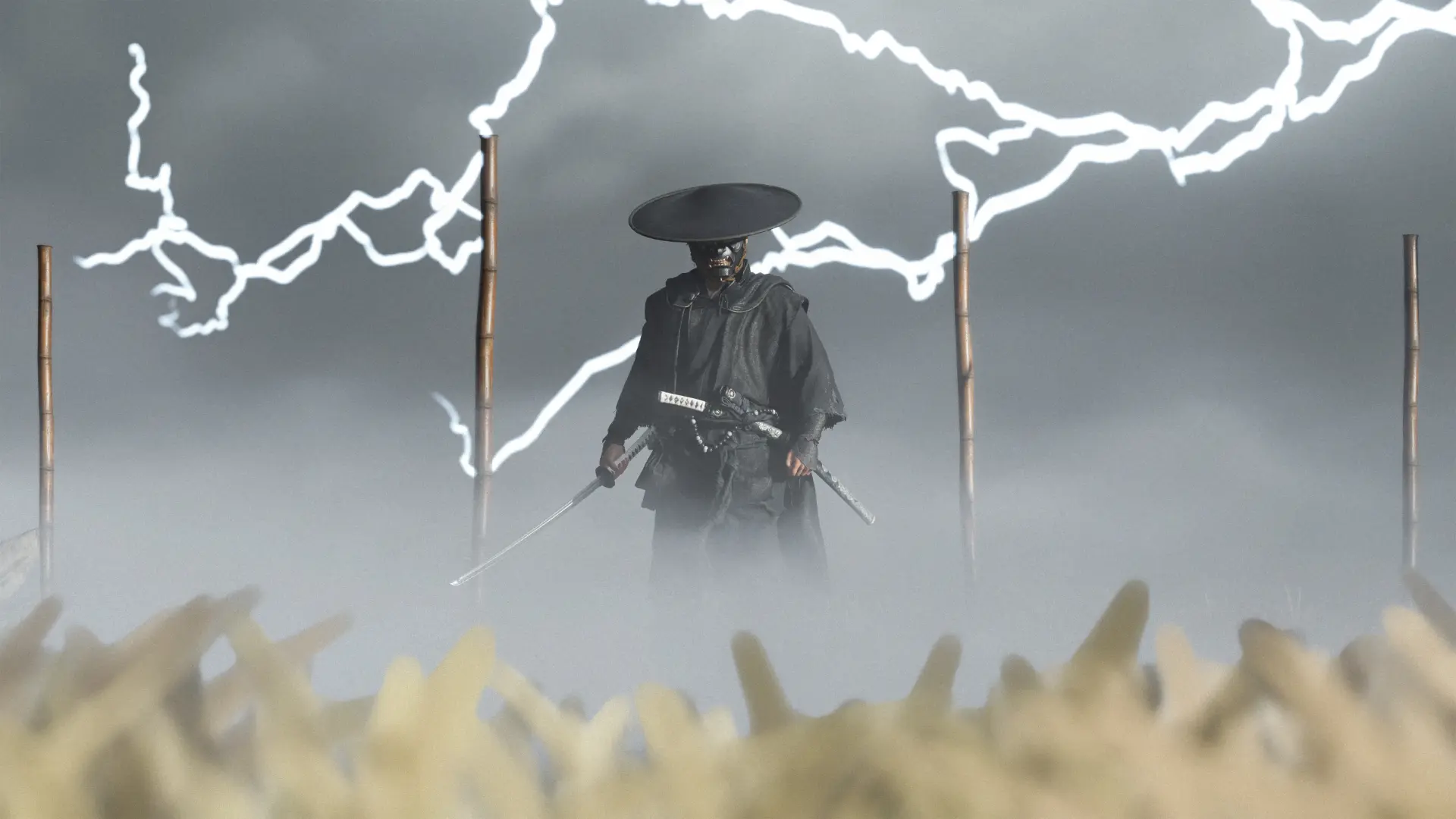 جین ساکای (Jin Sakai) میان مه و رعدوبرق در بازی Ghost of Tsushima