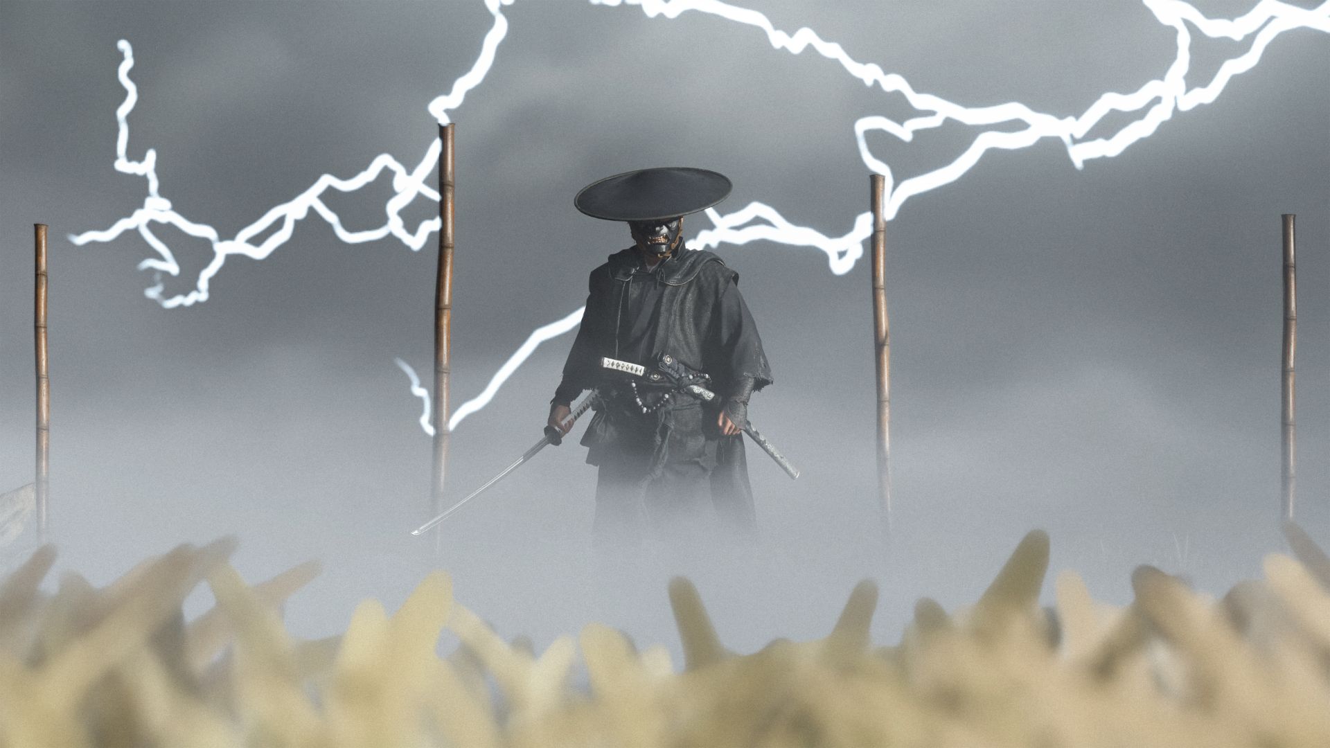 جین ساکای (Jin Sakai) میان مه و رعدوبرق در بازی Ghost of Tsushima