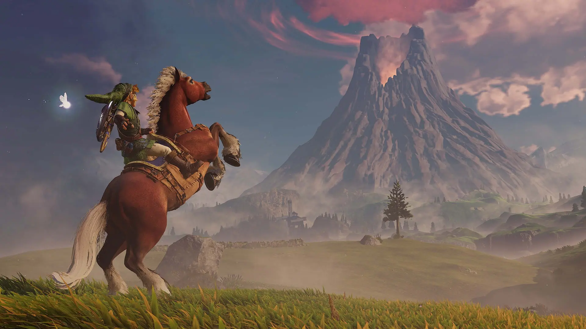 شخصیت لینک (Link) سوار بر اسب در مقابل کوهستان در بازی The Legend of Zelda: Ocarina of Time