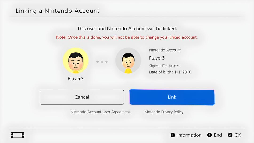 صفحه اتصال کاربر به حساب کاربری نینتندو (Nintendo Account) در کنسول سوییچ