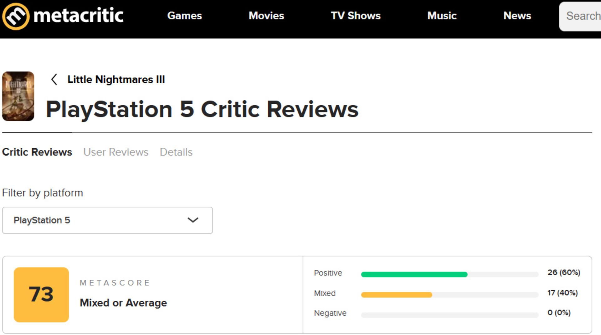 میانگین نقدها و نمرات بازی Little Nightmares 3 در وب‌سایت متاکریتیک (Metacritic)