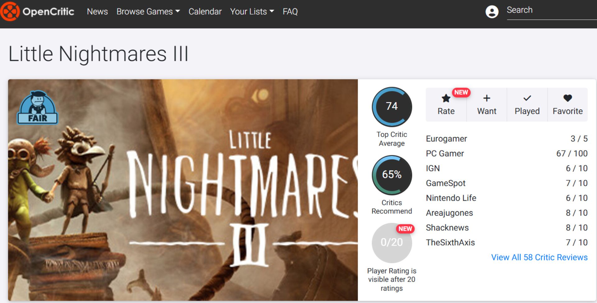 میانگین نقدها و نمرات بازی Little Nightmares 3 در وب‌سایت اوپن‌کریتیک (Opencritic)