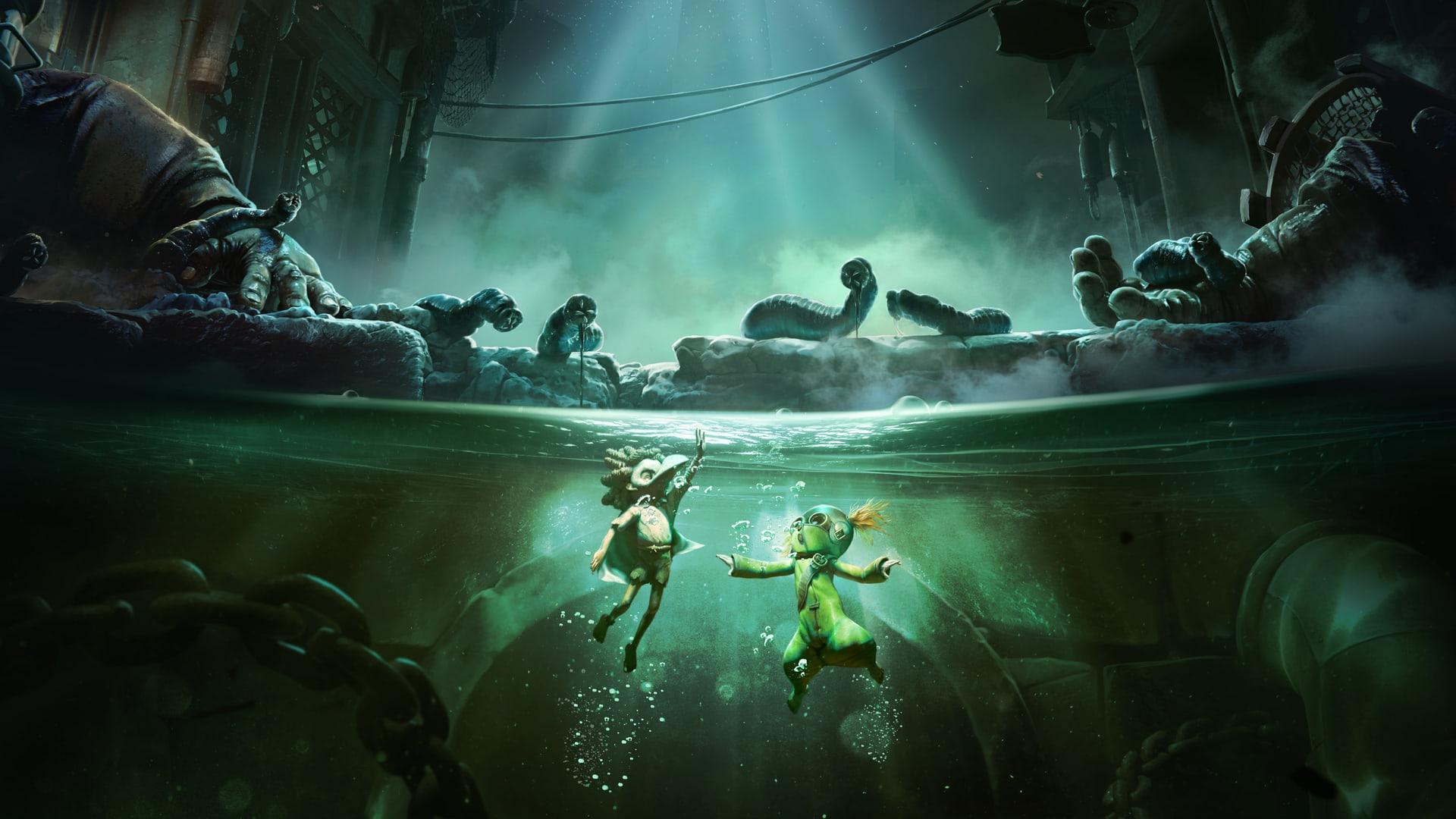دو شخصیت اصلی زیر آب در دنیای بازی Little Nightmares III شنا می‌کنند
