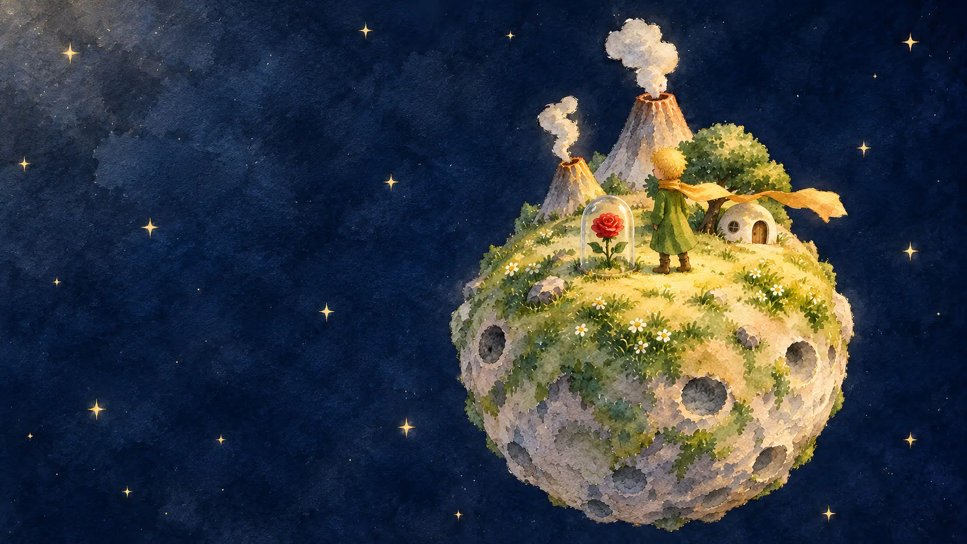 شازده کوچولو (Le Petit Prince) در کنار گل رز در سیاره‌ای کوچک و شناور
