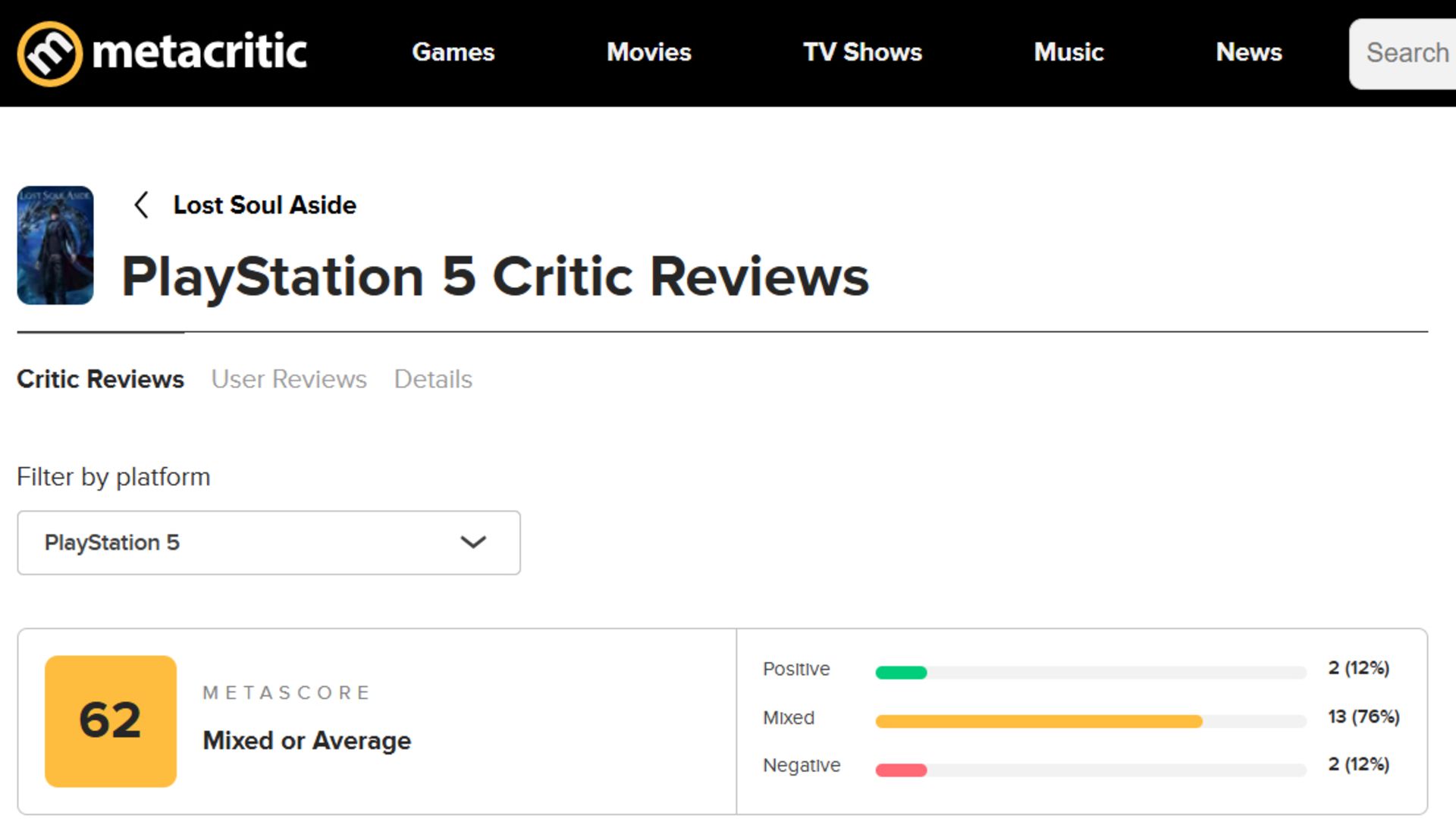 میانگین نقدها و نمرات بازی Lost Soul Aside در وب‌سایت متاکریتیک (Metacritic)