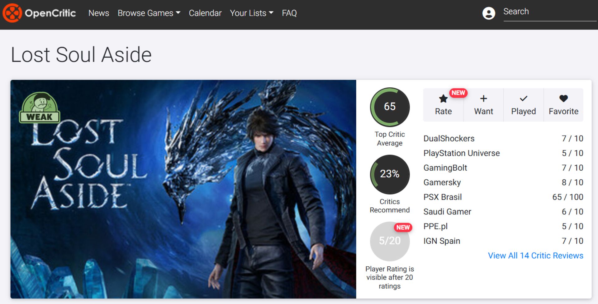 میانگین نقدها و نمرات بازی Lost Soul Aside در وب‌سایت اوپن‌کریتیک (Opencritic)
