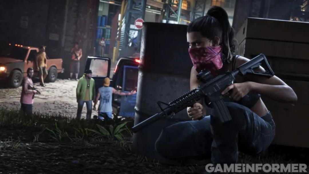 شخصیت لوسیا (Lucia) در بازی GTA 6 با تفنگ در محیطی تاریک