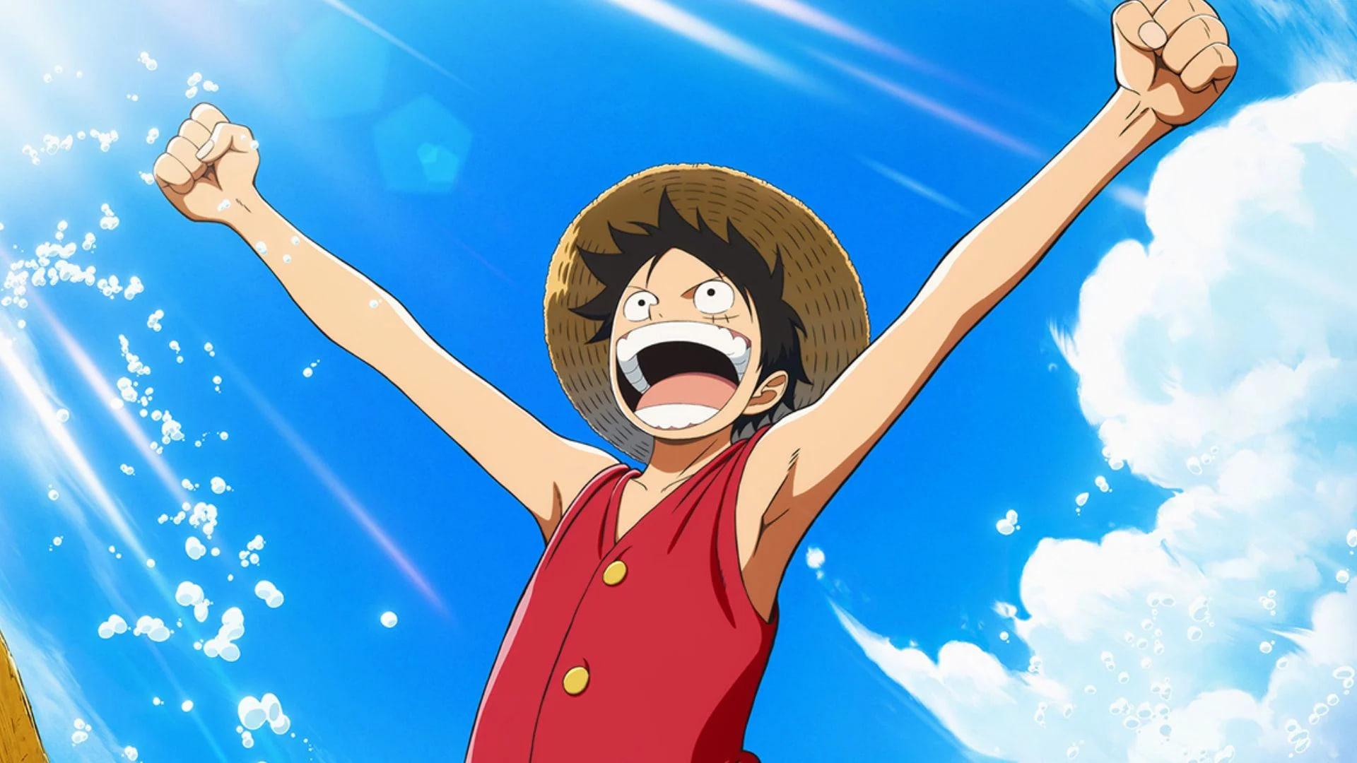 مونکی دی لوفی (Monkey D. Luffy) با دست‌های باز در مقابل آسمان آبی