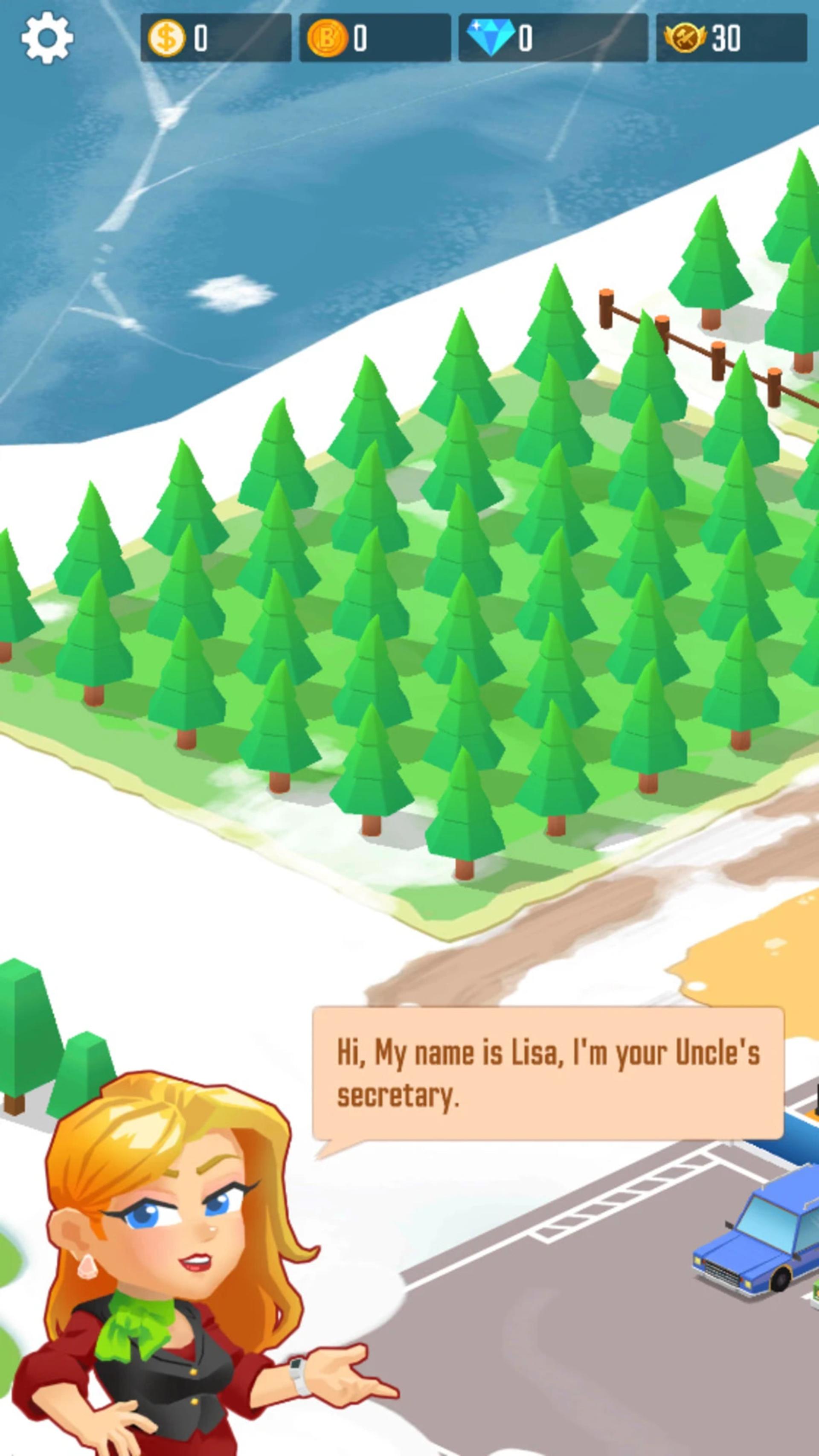 منظره‌ای از جنگل کاج و شخصیت لیزا (Lisa) در بازی Lumber Inc