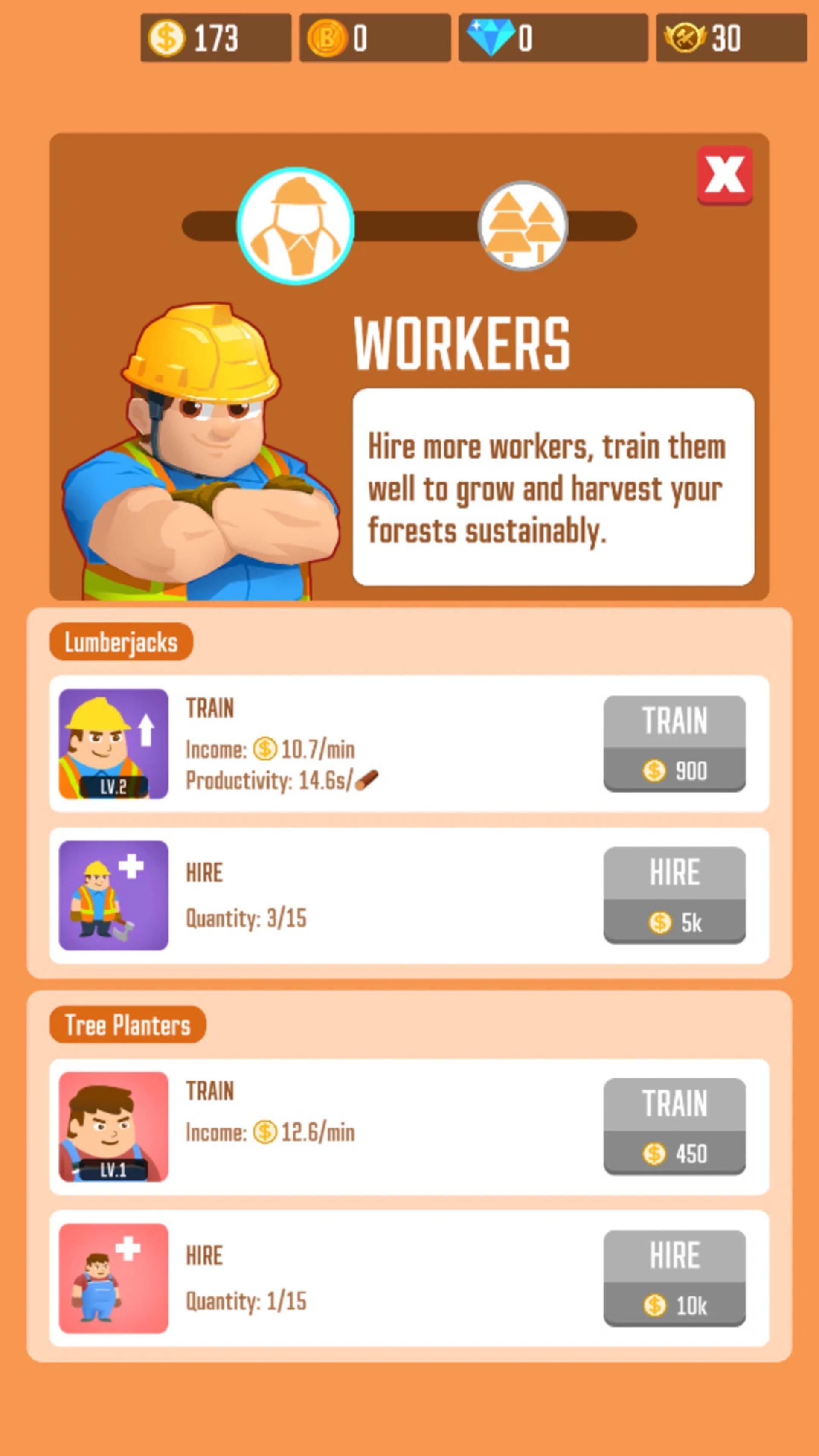 منوی مدیریت کارگران (Workers) در بازی موبایل Lumber Inc برای استخدام و آموزش