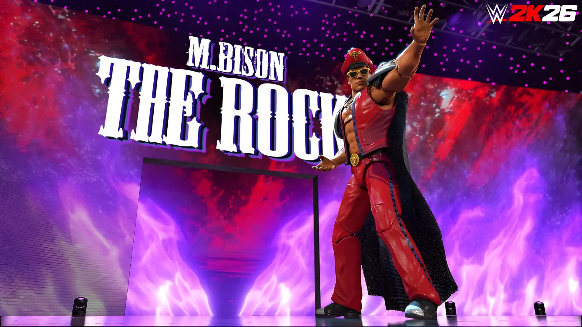 شخصیت ام.بایسون (M. Bison) با نام د راک (The Rock) در محیط بازی WWE 2K26