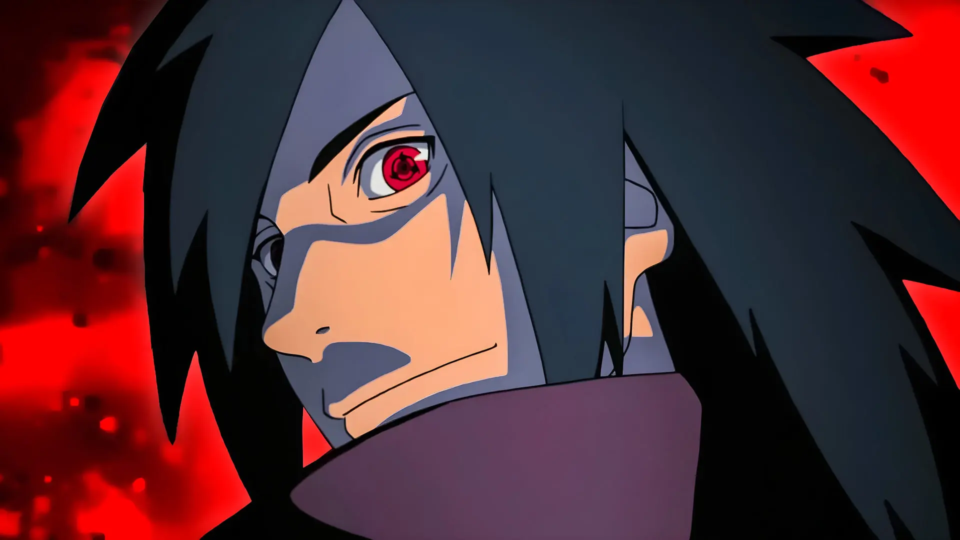 مادارا اوچیها (Madara Uchiha) با چشم شارینگان در پس‌زمینه‌ی قرمز