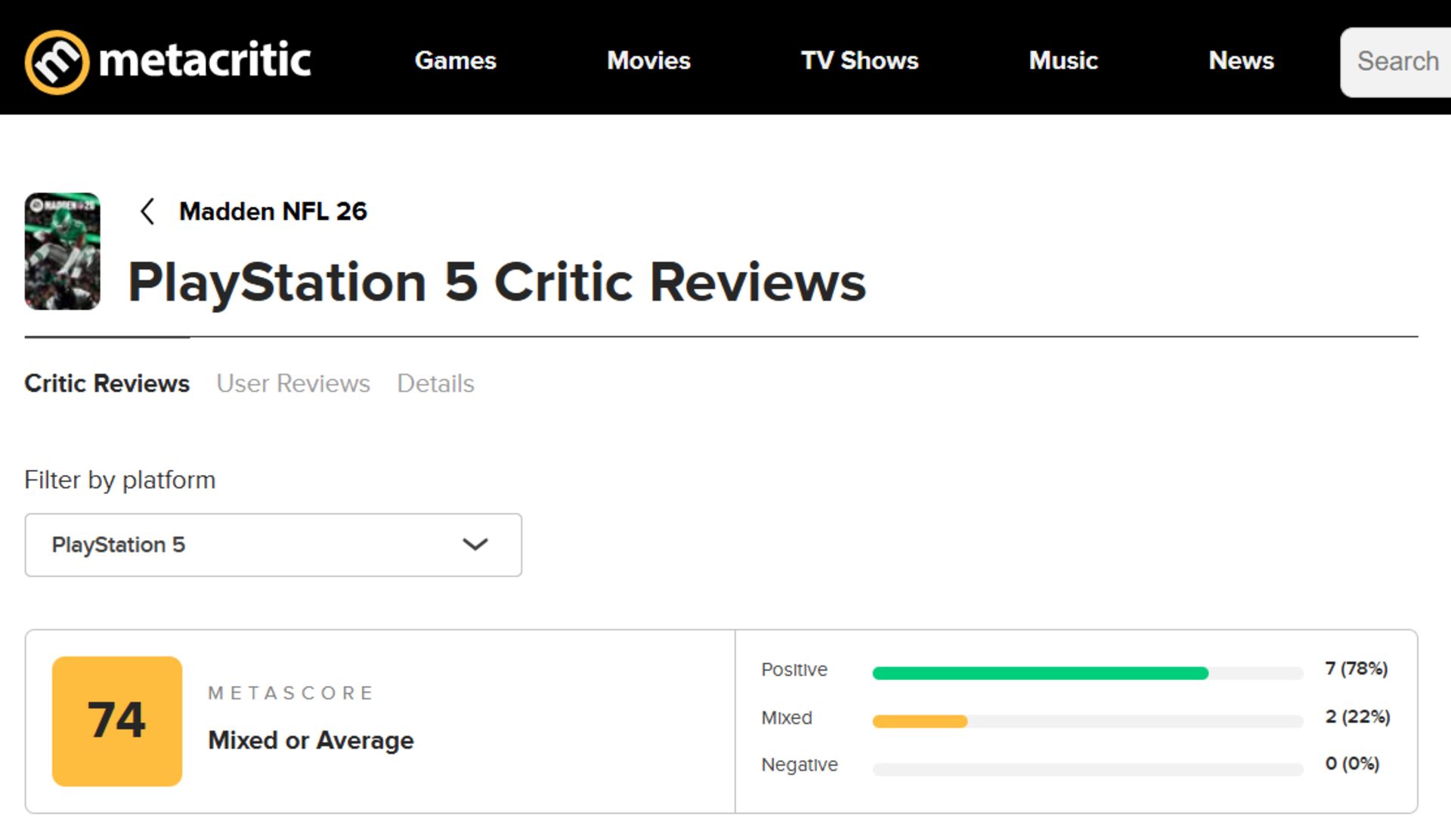 میانگین نقدها و نمرات بازی Madden NFL 26 در وب‌سایت متاکریتیک (Metacritic)