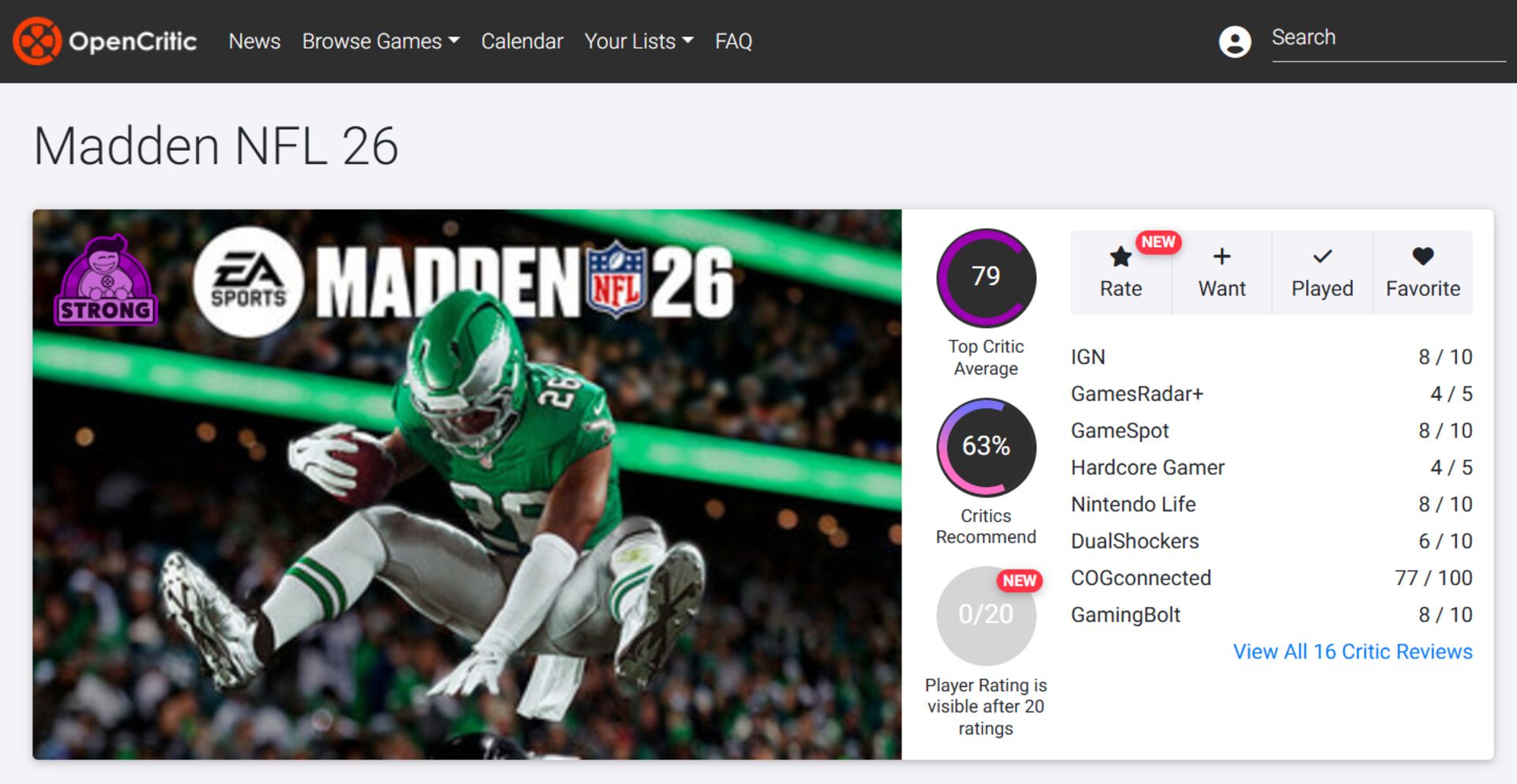 میانگین نقدها و نمرات بازی Madden NFL 26 از وب‌سایت اوپن‌کریتیک (OpenCritic)