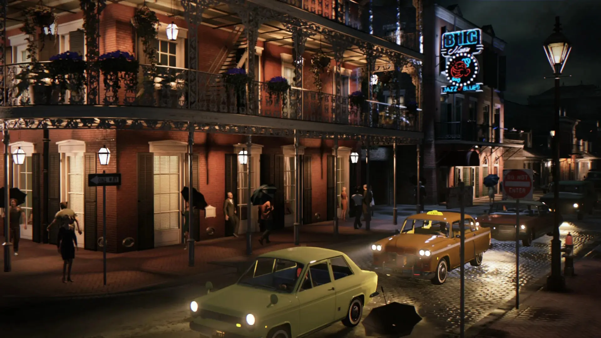 خیابان شبانه با ساختمان‌های قدیمی و خودروهای کلاسیک در بازی Mafia 3