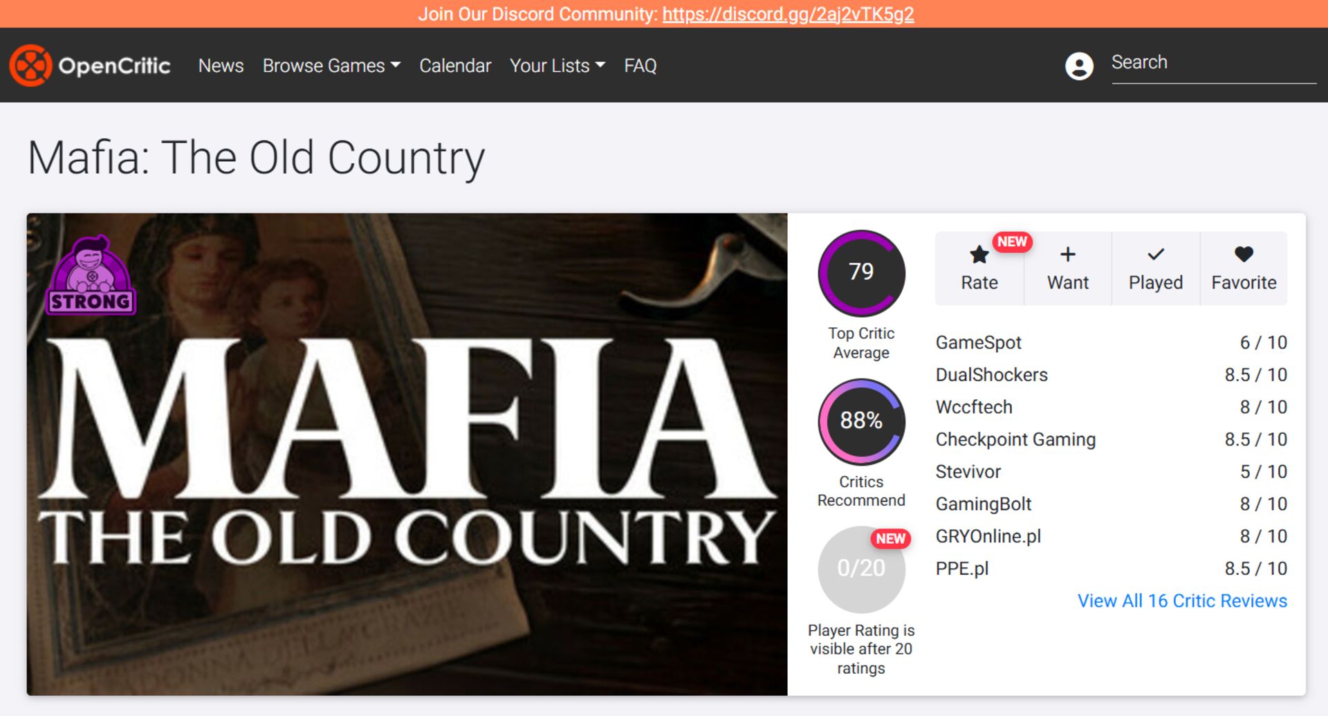 میانگین نقدها و نمرات بازی Mafia The Old Country از وب‌سایت اوپن‌کریتیک (OpenCritic)