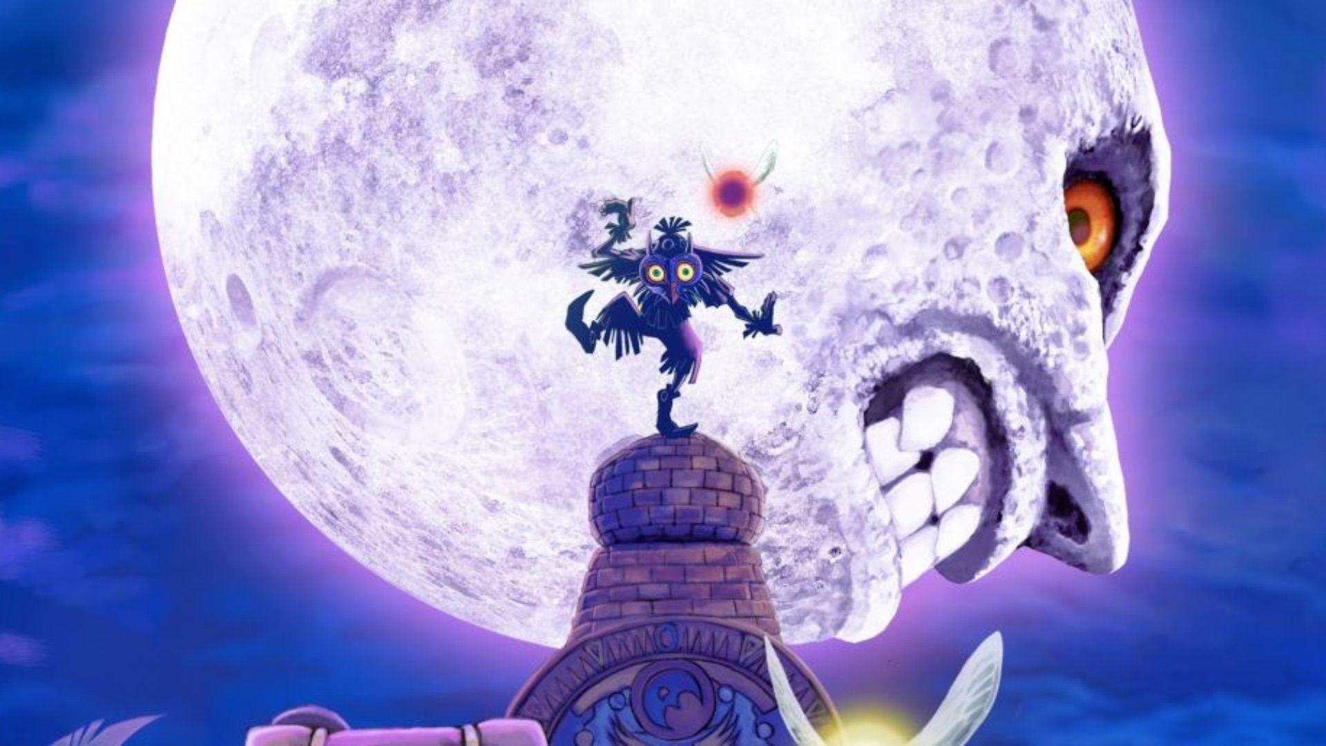 شخصیت ماسک ماژورا (Majora's Mask) بر فراز یک برج در مقابل ماه بزرگ