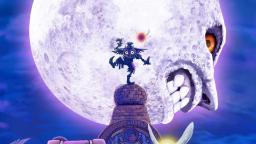 شخصیت ماسک ماژورا (Majora's Mask) بر فراز یک برج در مقابل ماه بزرگ