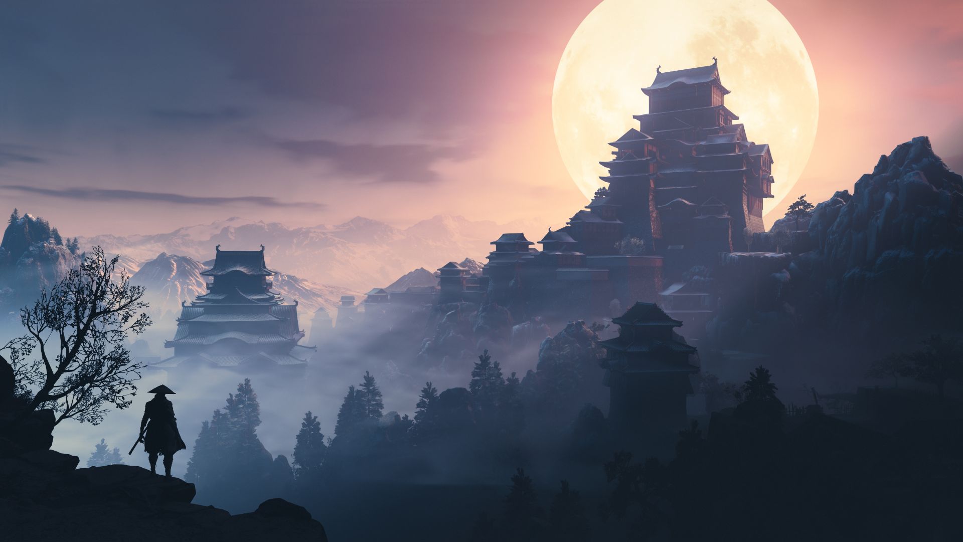 عمارت‌های بلند و مه‌گرفته در بازی Sekiro: Shadows Die Twice